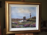 Framed Hamilton Sloan oil painting of man rescuing sheep with boy watching